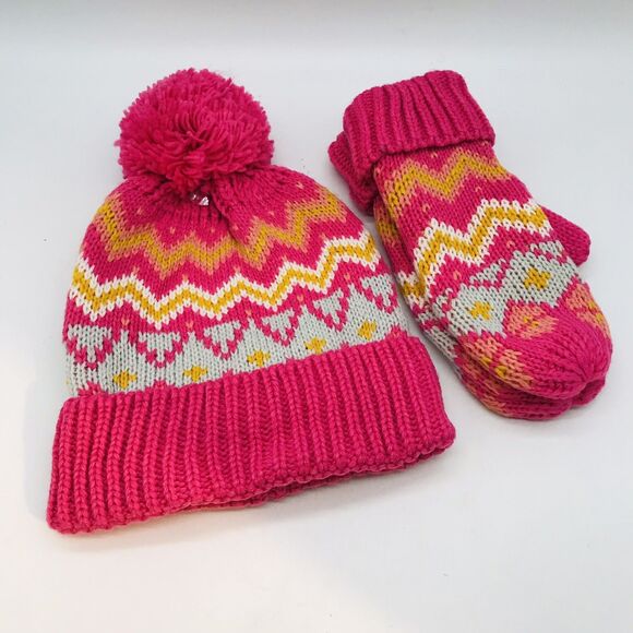 MIXIT Winter Beanie & Mitten Combo Pack Womens Shocking Pink PomPom Stocking Hat - Picture 3 of 6
